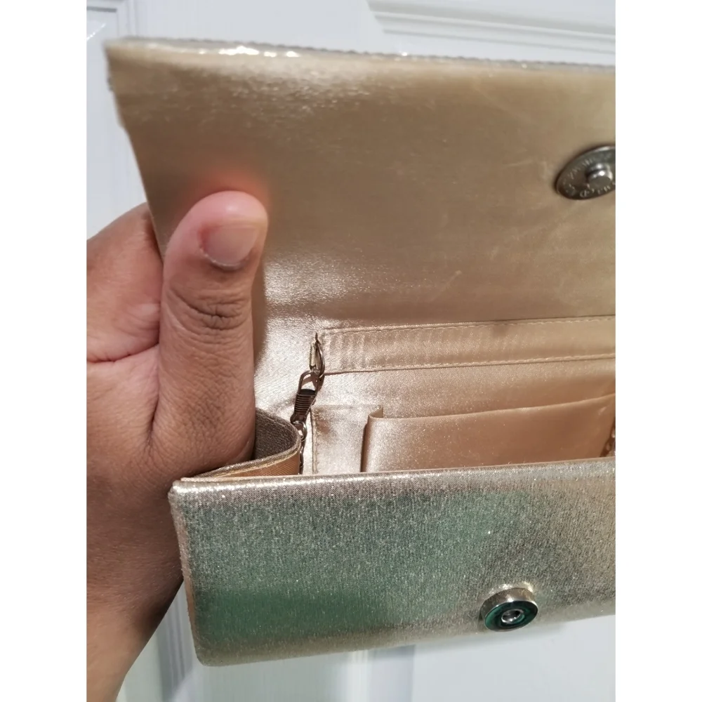 Gold & Rhinestone Fabric Pleated Fold Over Magnet Closure Clutch Removable Strap